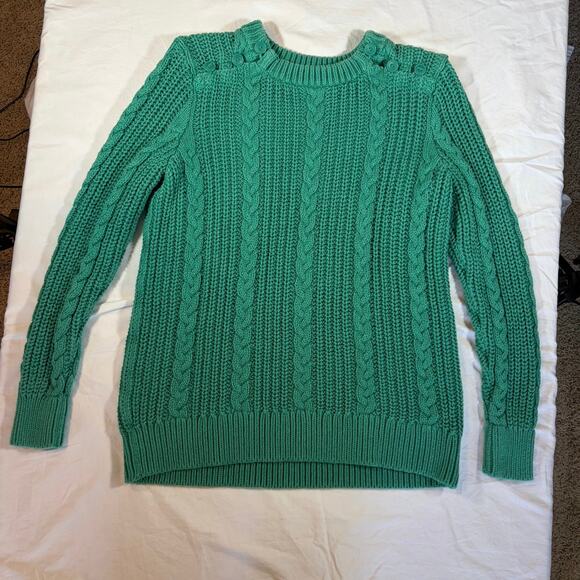 LLBean Vintage women’s green cotton cable sweater Size XL. Button shoulder 90s - Picture 5 of 5